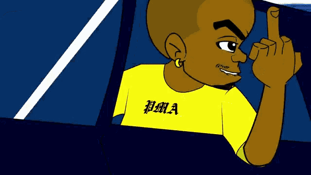 a cartoon character wearing a yellow shirt that says puma