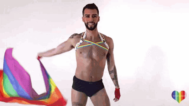 a man in a rainbow harness is holding a rainbow flag .