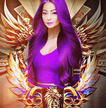 a woman with purple hair is surrounded by wings