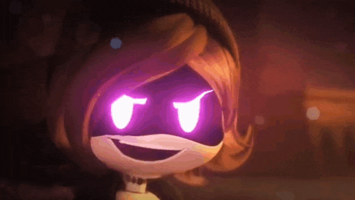 a close up of a cartoon character with purple eyes and a smile on her face .