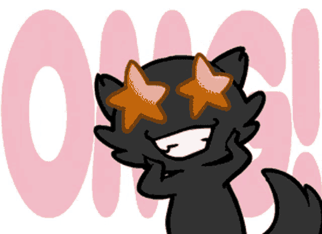 a cartoon drawing of a cat with stars in its eyes and the word omg behind it