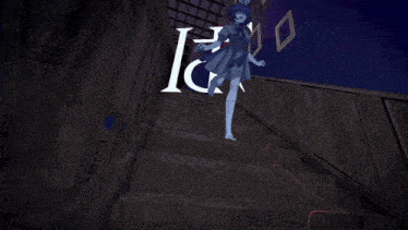 a girl in a blue dress is running in front of a wall with frames on it