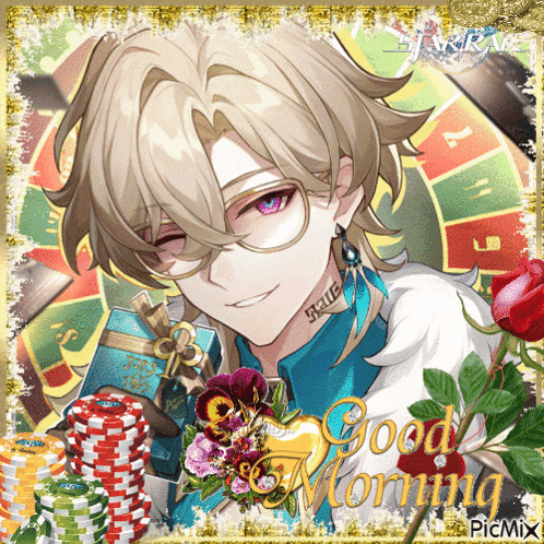a picture of a boy with a gift and flowers with the words good morning on the bottom