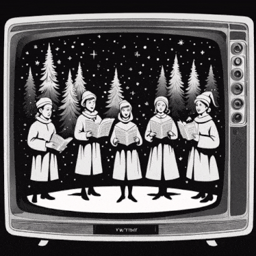 a black and white drawing of a choir singing christmas carols on a tv