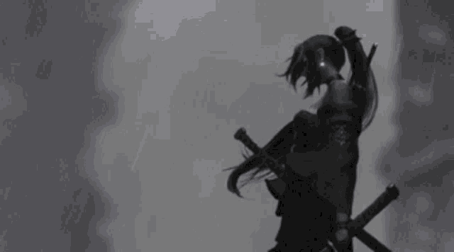 a black and white drawing of a girl holding two swords in her hands .