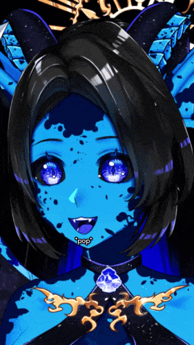 a drawing of a girl with blue hair and purple eyes