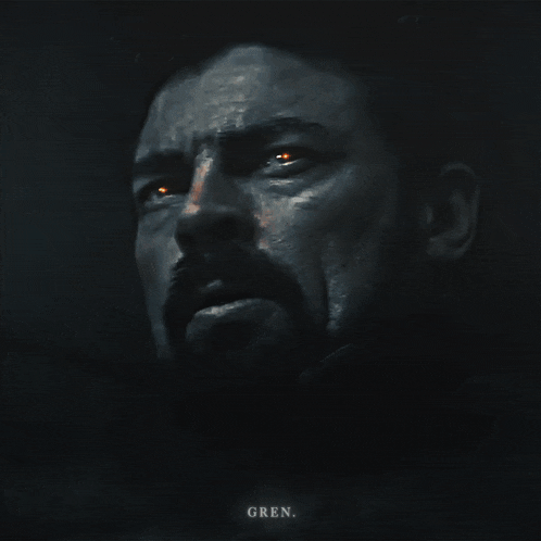 a painting of a man with glowing eyes and the word gren below him