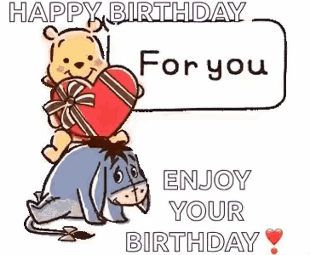 winnie the pooh is sitting on eeyore holding a heart and a gift box .