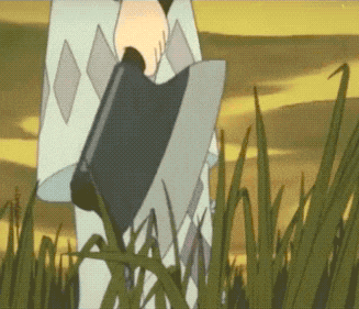 a person holding a large axe in a field