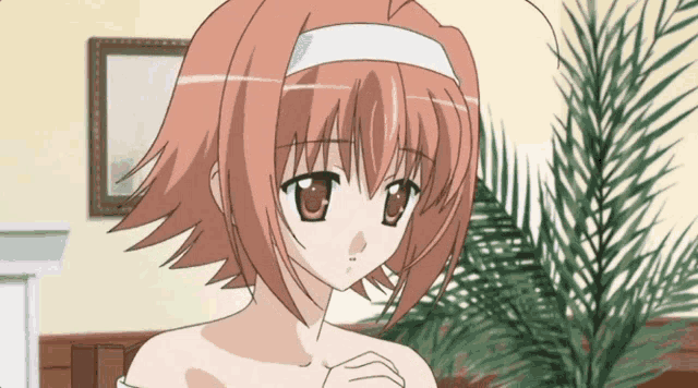 a girl with short red hair and a white headband stands in front of a palm tree