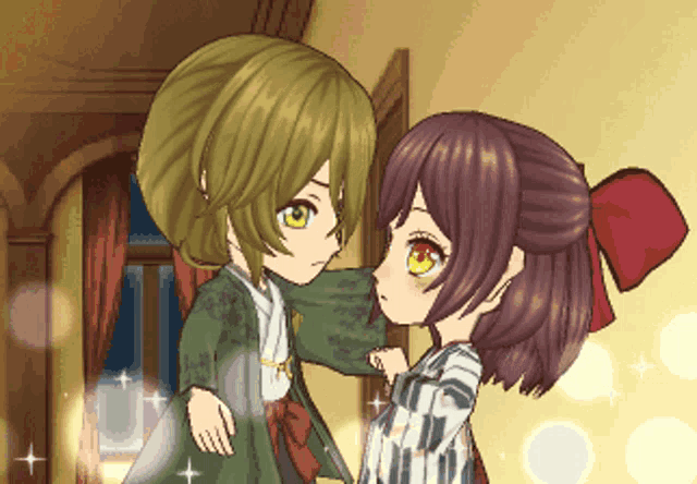 a boy and a girl are standing next to each other and looking at each other