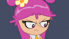 a cartoon character with pink hair and a yellow flower on her head