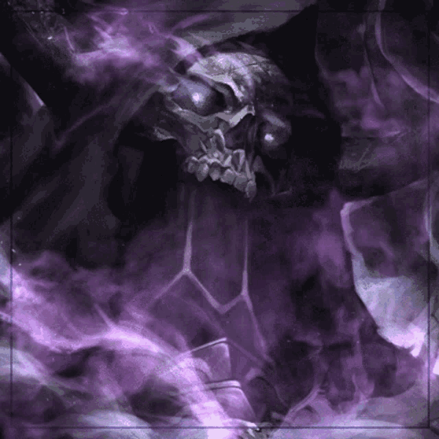 a painting of a skull with blue eyes surrounded by purple fog