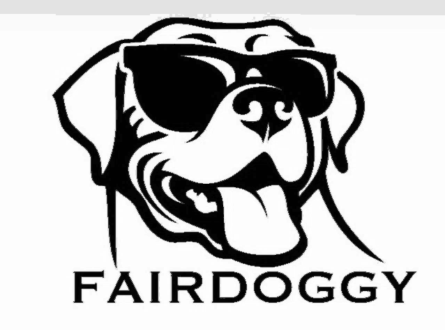 a black and white drawing of a dog wearing sunglasses with the words fairdoggy below it
