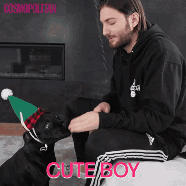 a man is petting a dog that is wearing a party hat that says cute boy on the bottom