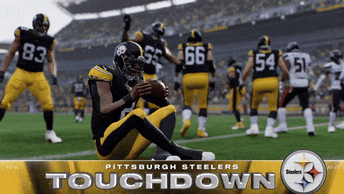 a poster for the pittsburgh steelers touchdown with a player kneeling down