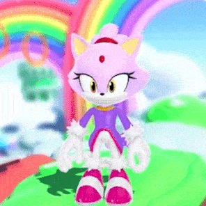blaze the cat from sonic the hedgehog is standing in front of a rainbow and a green hill .
