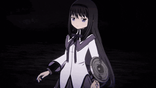 a girl with long black hair holding a shield