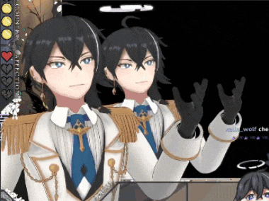 two anime characters are standing next to each other with their arms up
