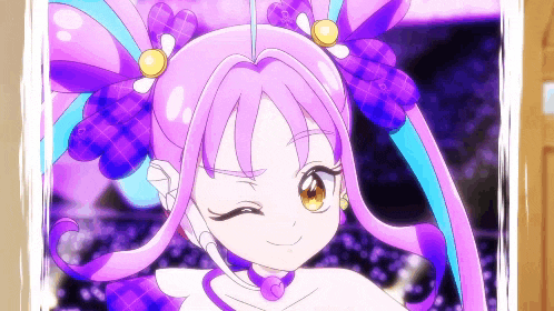 a picture of a girl with pink hair and a purple flower in her hair