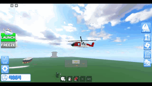 a computer screen shows a helicopter flying over a field with a launch and freeze button visible