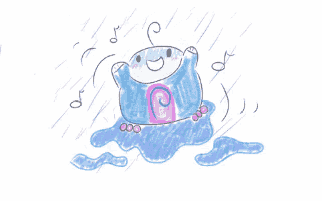 a drawing of a frog in a puddle with music notes coming out of its mouth