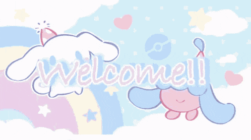 a welcome sign with a cinnamon roll and a rainbow in the background