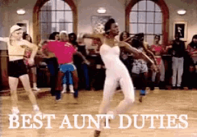 a group of people are dancing in a room with the words best aunt duties