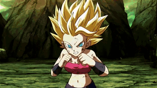 a cartoon character with yellow hair and blue eyes is standing in front of a mountain .