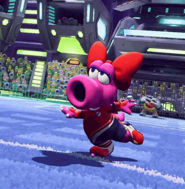 a pink cartoon character with a red bow on her head