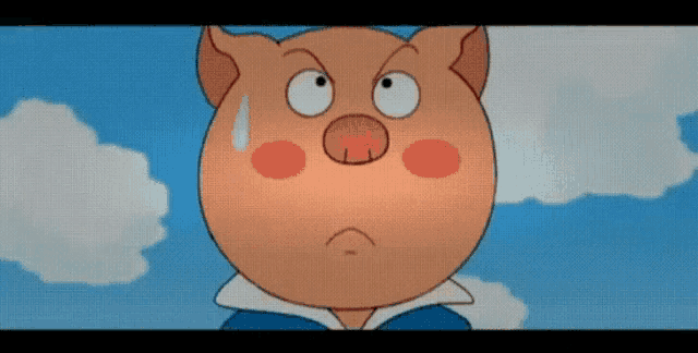 a close up of a cartoon pig with a surprised look on his face .
