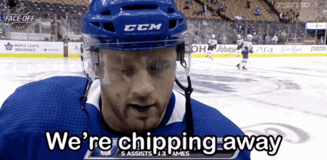 a hockey player says " we 're chipping away " during a game