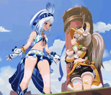 two anime girls are standing next to each other with one wearing a swimsuit