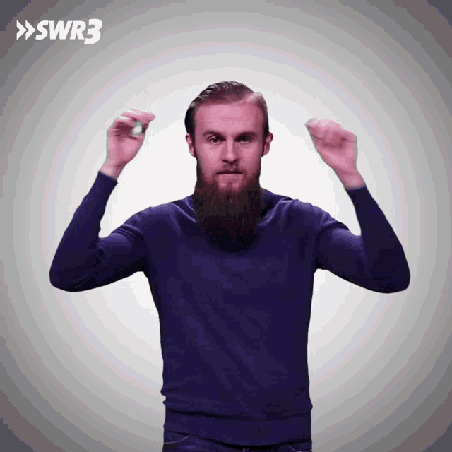 a man with a beard is making a funny face with swr3 in the background