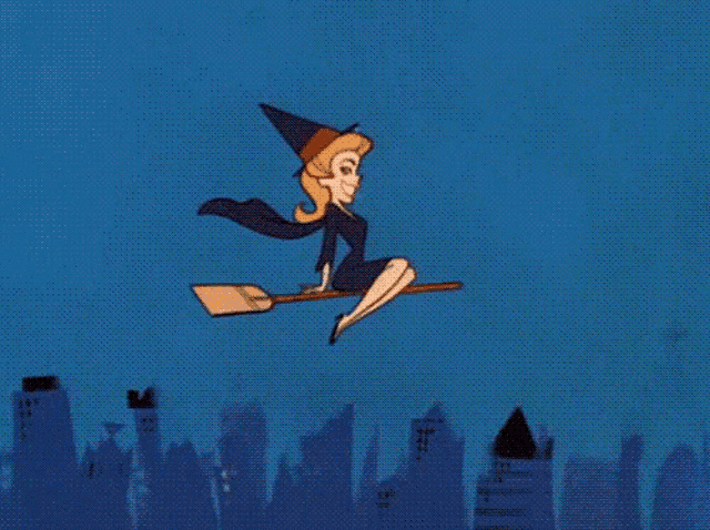 a cartoon witch is flying on a broom in the sky .