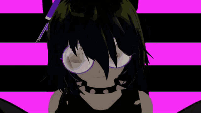 a 3d anime girl with glasses and a choker is standing in front of a pink and black striped background .
