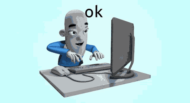 a cartoon character is typing on a computer and the word ok is on the screen