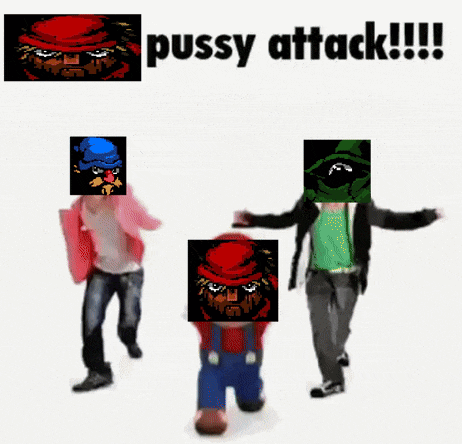 a picture of a video game character with the words pussy attack written on it