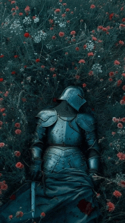 a knight in armor is laying in a field of red flowers