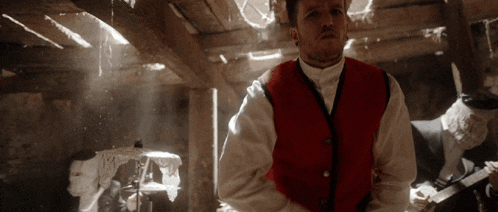 a man in a red vest is standing in a room