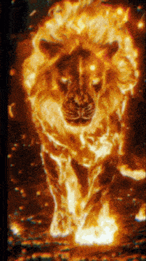 a painting of a lion with flames coming out of it