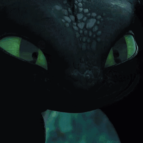 toothless from how to train your dragon is looking at the camera with green eyes