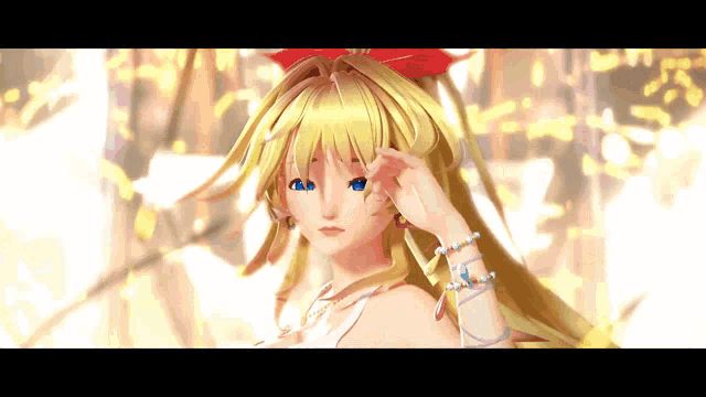 a blonde anime girl with blue eyes and a red bow on her hair