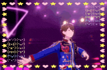 a purple background with hearts and stars and a person in a blue jacket
