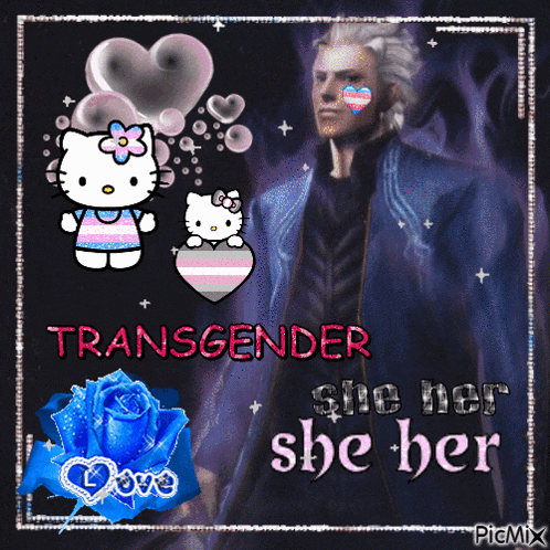 a picture of a man and hello kitty with the words transgender she her she her