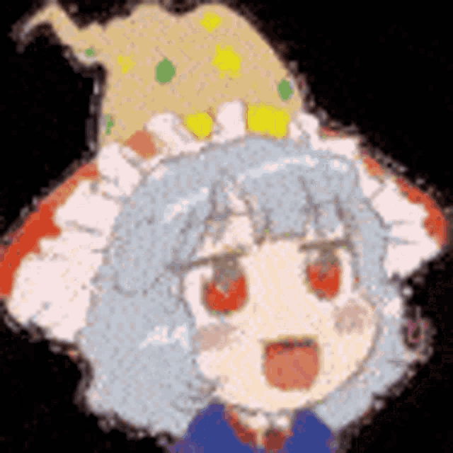 a cartoon girl with blue hair and red eyes is wearing a hat .