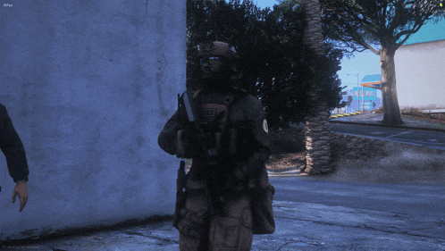 a soldier in a video game has a badge that says police on it