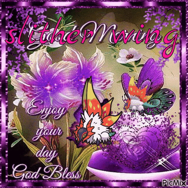 a greeting card with purple flowers and butterflies that says kitchen morning enjoy your day god bless