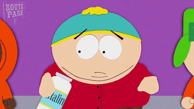 a cartoon character from south park is holding a bottle of multivitamin