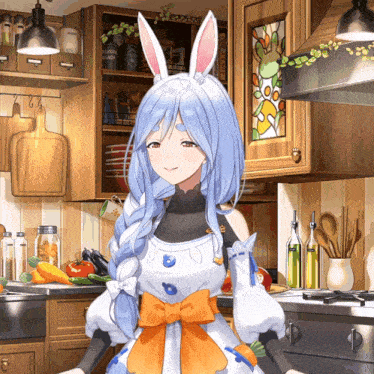 a girl with bunny ears is standing in a kitchen surrounded by vegetables